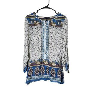 Lucky Brand Savannah Gypsy Boho‎ Peasant Top Blouse Size Medium Blue Floral